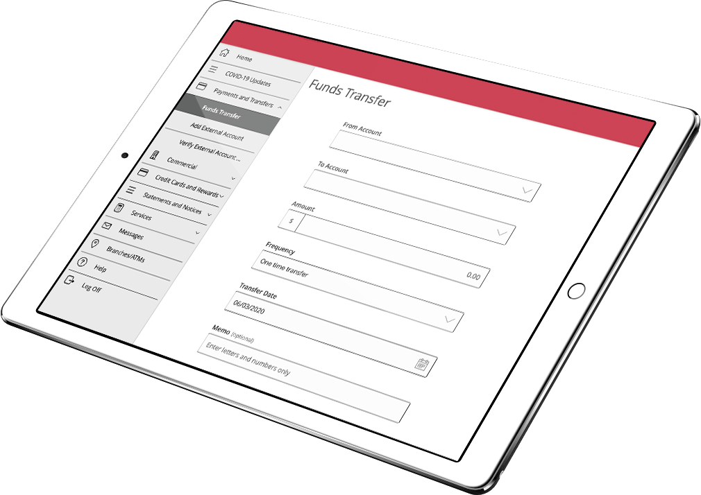 Tablet with lite Valley Credit Union funds transfer on the screen